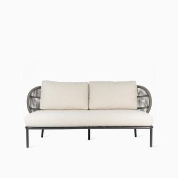 Kodo deep sofa in Fossil Grey with rope detailing and aluminium frame, beige seat and back cushions, modern outdoor design.	