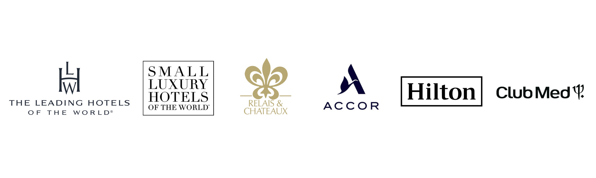 Logo’s van de hospitality-partners van Vincent Sheppard: The Leading Hotels of the World, Small Luxury Hotels, Relais & Châteaux, Accor, Hilton en Club Med.