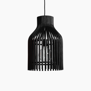 Firefly pendant lamp by Vincent Sheppard in black rattan with open structure and visible bulb.	