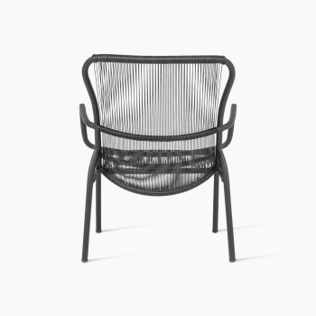 Rear view of Vincent Sheppard’s black Loop lounge chair in aluminium and rope	
