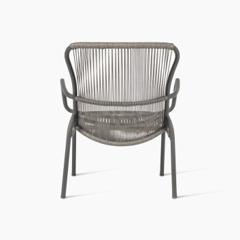Rear view of Vincent Sheppard Loop lounge chair with aluminium frame and rope in fossil grey	