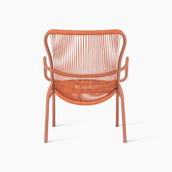 Back view of Vincent Sheppard Loop lounge chair with aluminium frame and rope in terracotta	