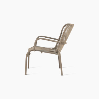 Side view of Vincent Sheppard Loop lounge chair with aluminium frame and rope in taupe	