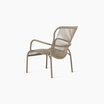 Rear-angle view of Vincent Sheppard Loop lounge chair with aluminium frame and rope in taupe	