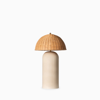 Arvin large table lamp in mushroom with a woven Lloyd Loom dome shade and tall glossy ceramic base