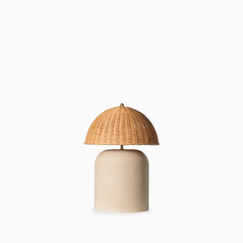 Arvin medium table lamp in mushroom with a woven Lloyd Loom dome shade and glossy ceramic base