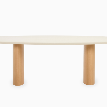Vincent Sheppard Foster dining table in elliptical shape, natural oak legs and mineral plaster top